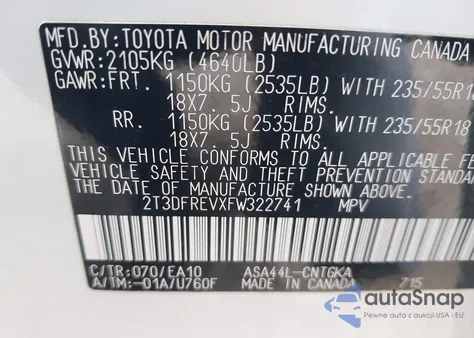 2015 Toyota Rav4 Limited from USA, damaged, VIN 2T3DFREVXFW322741